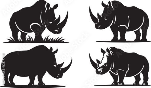 Four black rhino silhouettes on white background rhinoceros