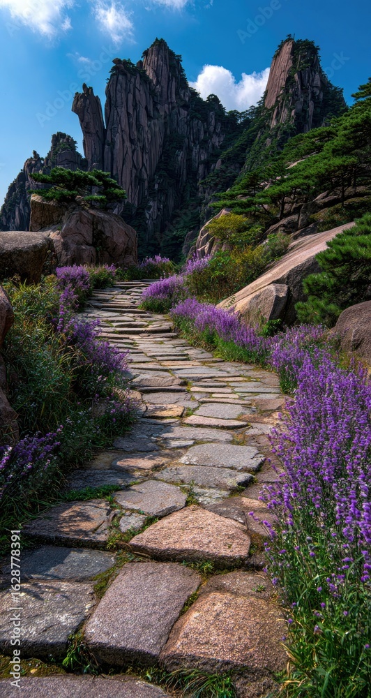Fototapeta premium Mountain path lined with purple flowers