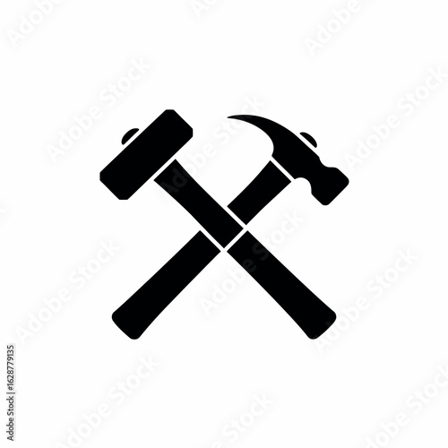 Construction Tool Icon Two Hammers Crossed Carpentry Symbol Repair Service Logo Design Black and White