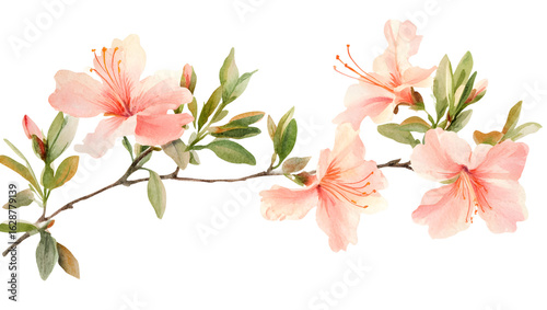 Watercolor azalea branch with pink flowers isolated on a transparent background