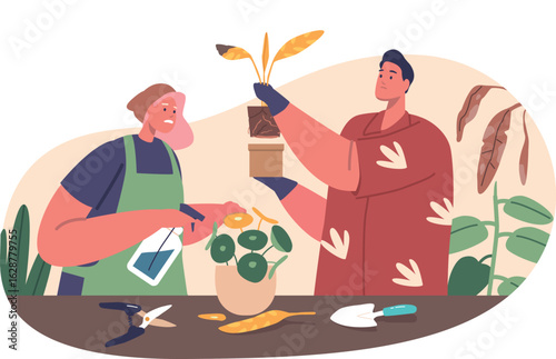 Family taking care sick plant
