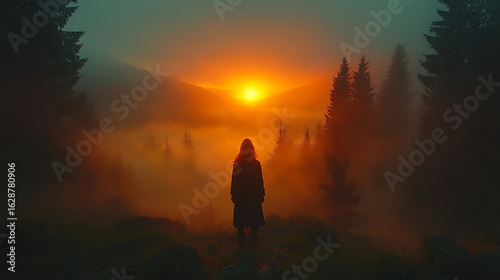 Solitary Figure Silhouetted Against a Misty Mountain Sunrise