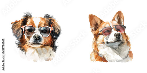 Photography cute dog wearing sunglasses watercolor vector illustration