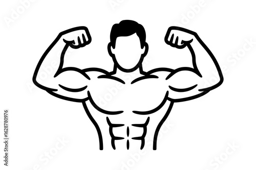 Illustration of a muscular man flexing his biceps and showing his abdominal muscles in black