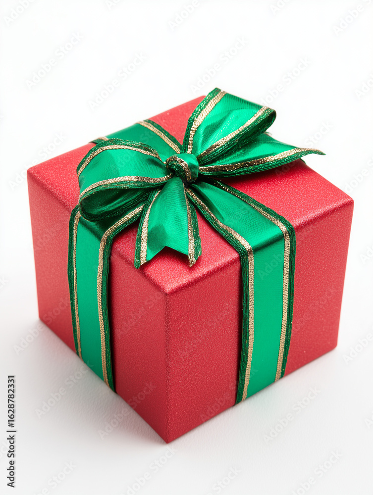 Obraz premium Gift box with green ribbon viewed from angle isolated on white background, photograph