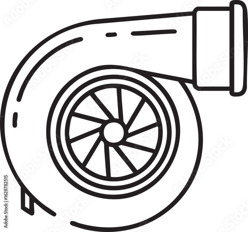 Minimalist icon of a turbocharger with the turbine housing and visible blades inside, a curved intake pipe