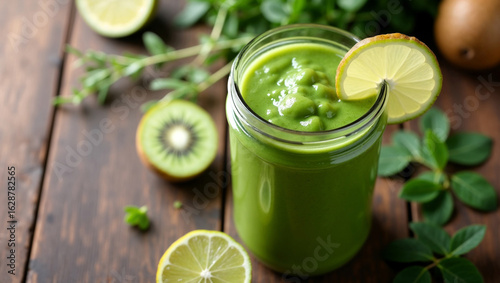 Green smoothie blend in glass jar with lemon slice on top and fresh kiwi beside it. Rustic wooden table setting highlights healthy beverage lifestyle. Concept of health food, smoothies, wellness