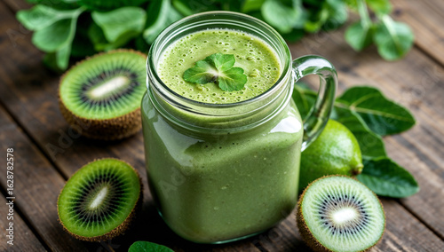 Refreshing green smoothie in glass mug garnished with kiwi slices and lime. Natural wooden surface and foliage create a fresh ambiance. Concept of nutrition, wellness, healthy lifestyle