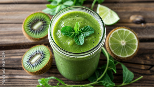 Green smoothie filled with kiwi and lime displayed in clear mason jar. Refreshing drink sits on rustic wooden table with fresh mint leaves and sliced fruits. Concept of health, wellness, nutrition