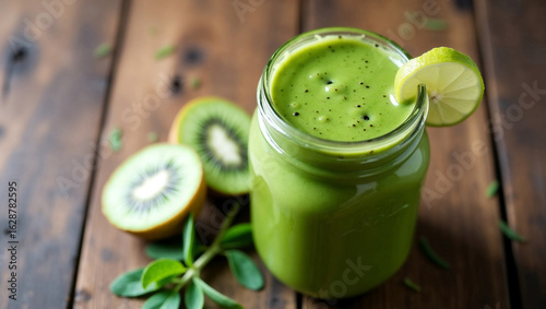 Green smoothie in jar garnished with lime and kiwi. Rustic wooden setting with fresh ingredients nearby. Concept of healthy living, nutrition, smoothie bar