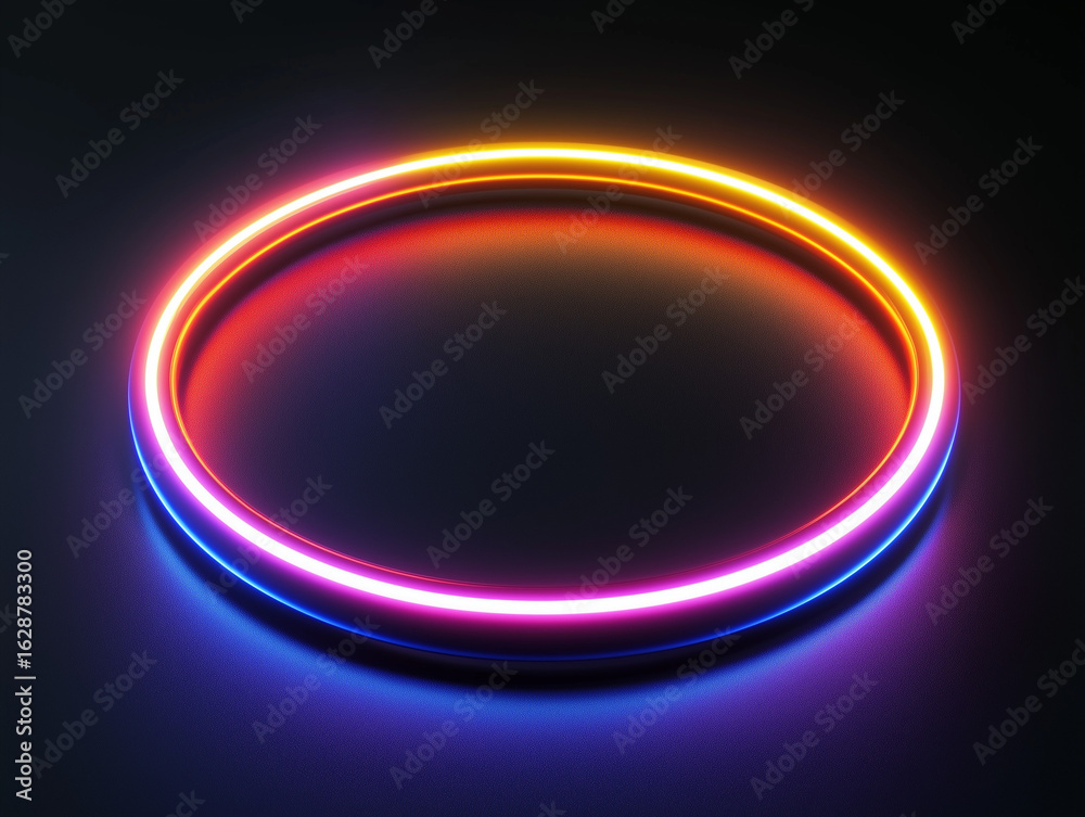 Obraz premium Glowing neon oval ring with pink and orange hues isolated on a black background, 3D render