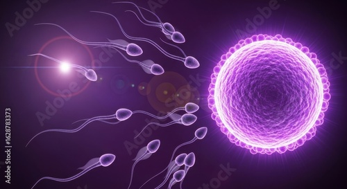 Microscopic view of sperm cells swimming towards an egg cell, illustrating the process of fertilization and the beginning of life