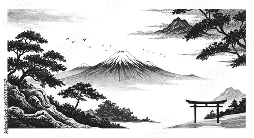 Mountain landscape with torii gate and trees in black and white / 山の風景  