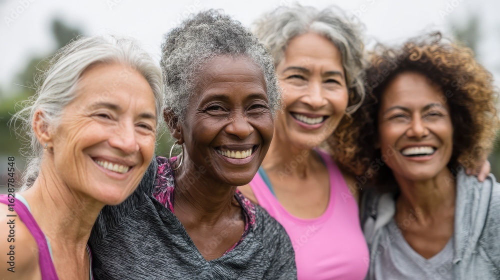 Obraz premium multiracial senior women having fun together after sport workout outdoor focus on left female face no logos no brands ar 169
