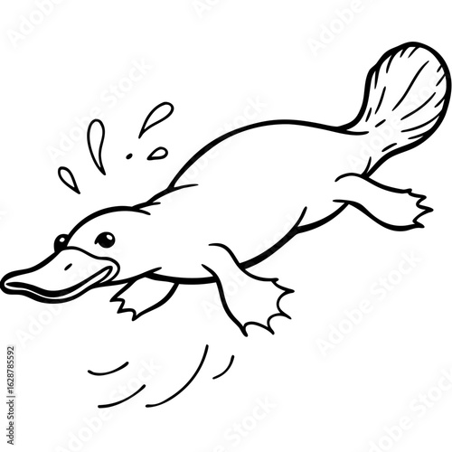Cute cartoon platypus swimming and splashing water isolated on white background