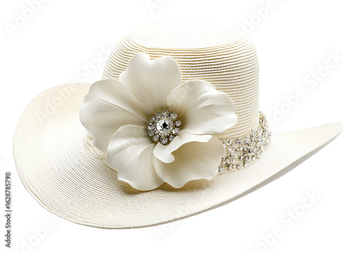 White wide-brimmed hat with a large flower and diamond pin, on a white background.