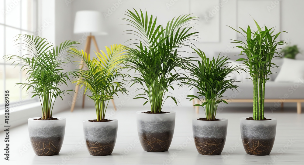 Fototapeta premium Five areca palm plants in pots isolated on white background