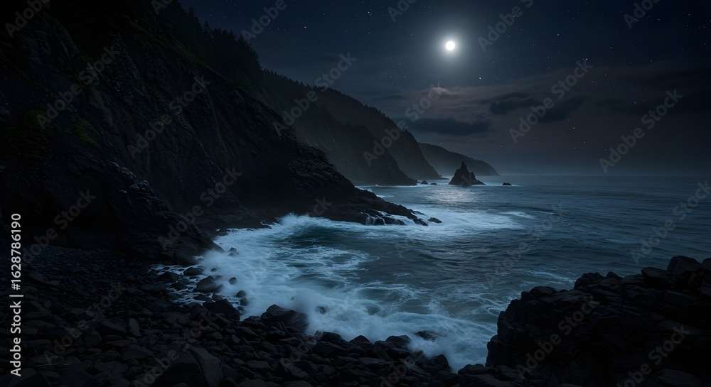 Obraz premium Moonlit Ocean Waves Crashing on a Rocky Shoreline at Night under Starry Skies