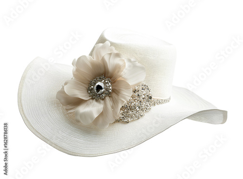 White wide-brimmed hat with a large flower and diamond pin, on a white background.