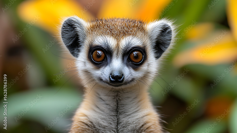 Obraz premium Adorable Young Lemur Portrait with Blurry Yellow-Orange Background