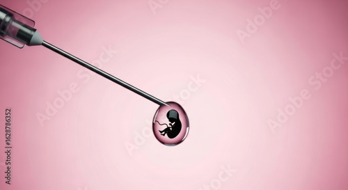 A tiny fetus silhouette in a drop of liquid on a needle, representing conception and medical advancements