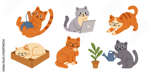 Vector collection of cute cats. Adorable kittens shown in various poses. Happy and playful cats in flat design. Clipart and sticker set for veterinary clinic or pet store design.