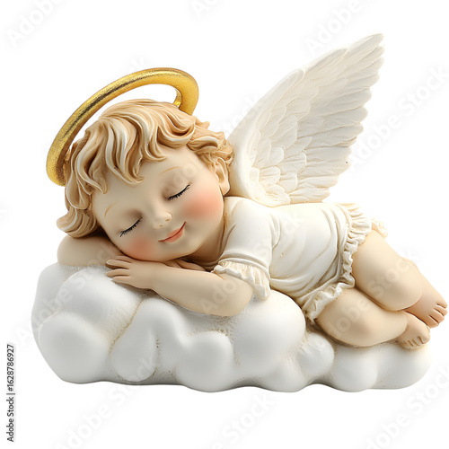 Cute sleeping angel with golden halo isolated on transparent background