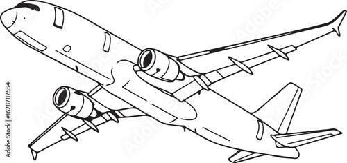 Detailed Line Art Illustration of a Passenger Airplane Flying with Precision and Grace Depicted in Clean Black and White