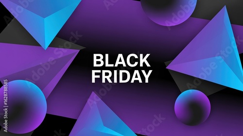 Black Friday Abstract Banner with Geometric 3D Shapes – Modern Purple and Blue Design for Sales Promotions, Discounts, Retail Events, Advertising and Marketing