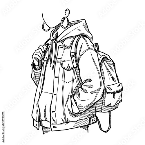 Fashion outfit sketch vector illustration of a person wearing a hoodie, backpack and denim jacket