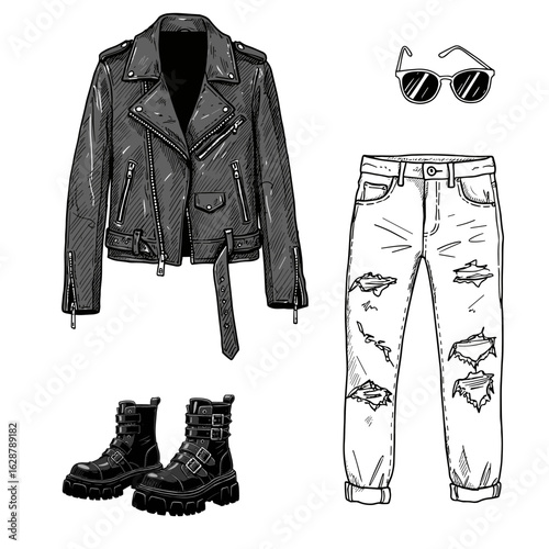 Fashion outfit sketch vector illustration in black and white featuring leather jacket, ripped jeans, and boots