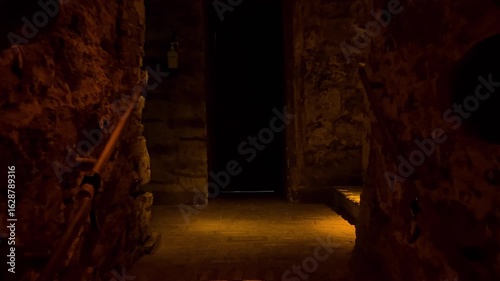 Warm light illuminates stone steps and a closed wooden door in a mysterious underground passage, creating an atmosphere of suspense and intrigue