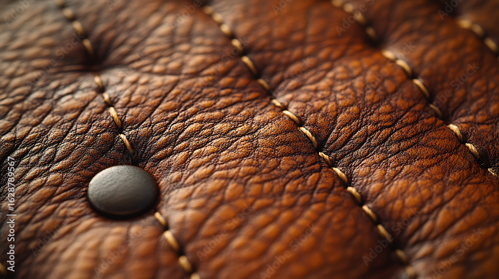 Fototapeta premium Close-up of Brown Quilted Leather Texture with Metal Stud