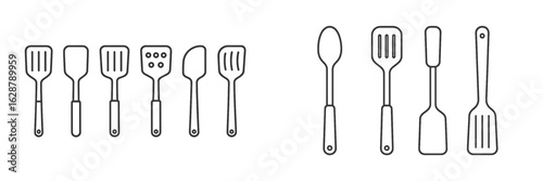 Various kitchen spatulas and utensils arranged in a neat order showcasing different designs and functions