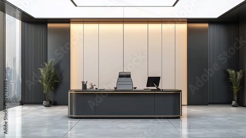 Modern Executive Office with Sleek Black Desk, Leather Chair, and Potted Plants