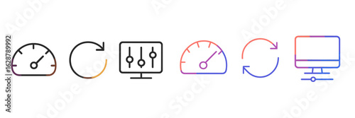 Different icons representing performance metrics, system updates, and interface adjustments on digital platforms