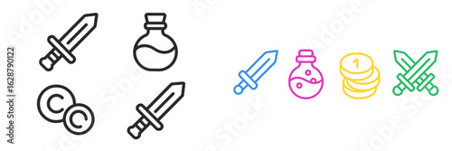 Various game elements including swords, potions, and coins for fantasy adventure gameplay