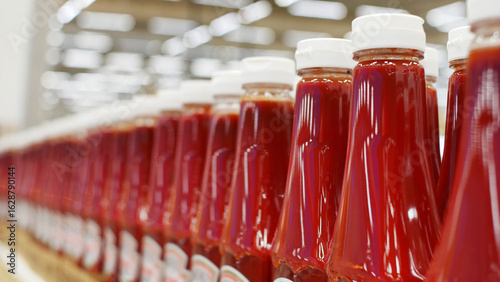 Foto Close-up of many nice ketchup bottles standing in a row