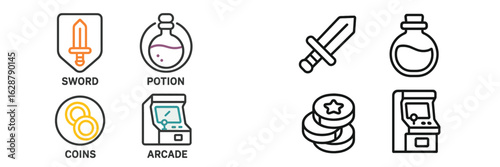 Icons representing gaming elements like swords, potions, coins, and arcade machines in a playful fantasy style