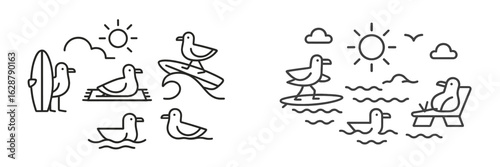 Ducks enjoying a sunny beach day with surfing, swimming, and relaxing activities by the sea