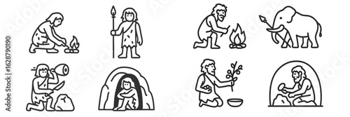Humans engaging in various prehistoric activities such as hunting, gathering, and building shelters in a natural setting