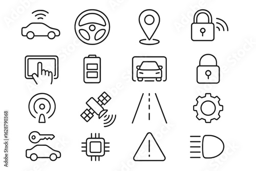 Exploring modern automotive technology through icons representing connectivity, navigation, and safety features for vehicles
