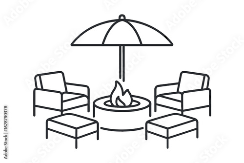 Cozy outdoor seating area with fire pit and umbrella designed for relaxation and gatherings