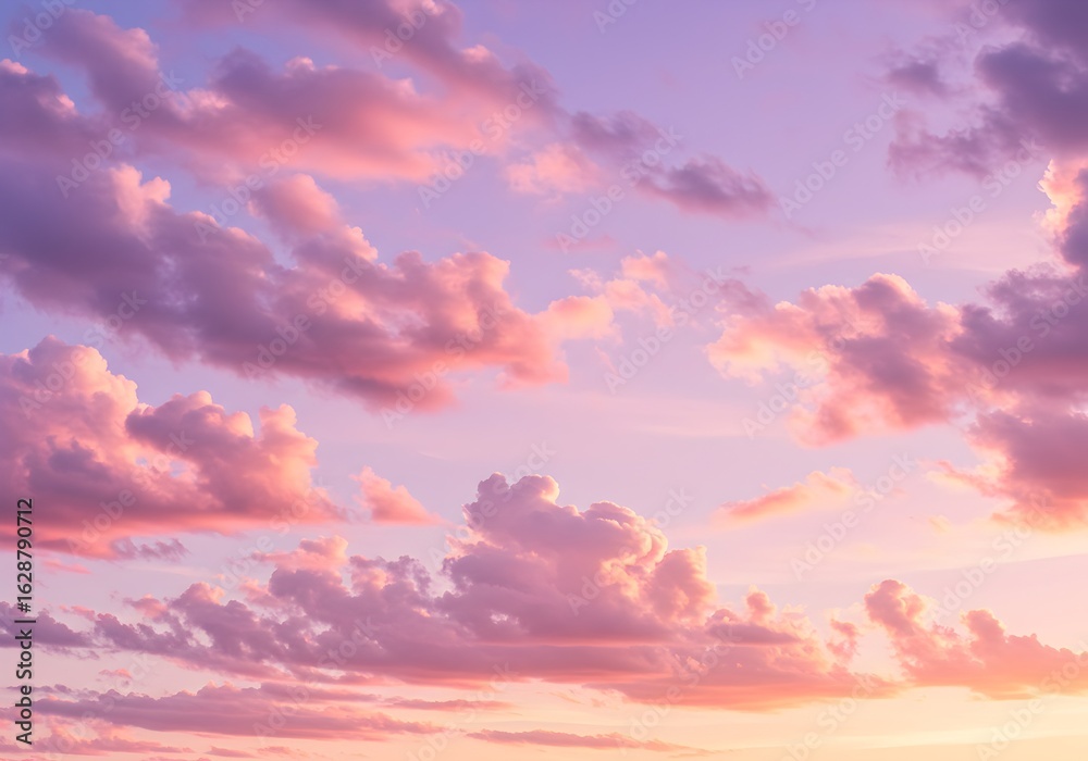 Obraz premium Dreamy pastel sunset sky with soft pink purple and orange clouds creating serene atmospheric background perfect for wellness and meditation themes.