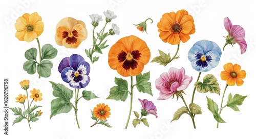 Vibrant Watercolor Botanical Collection: Assorted Garden Flowers Colorful Pansies and Green Leaves Isolated on White
