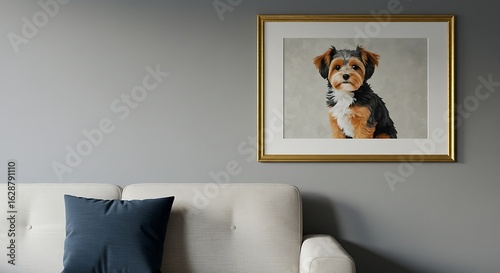 Charming portrait of a small fluffy dog with expressive eyes displayed in a golden frame on a modern gray wall above a white sofa
