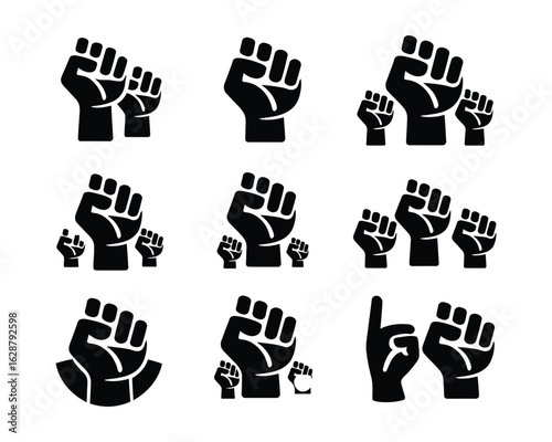 Power and Solidarity: A collection of powerful fist symbols, conveying strength, unity, and a call to action for social change.
