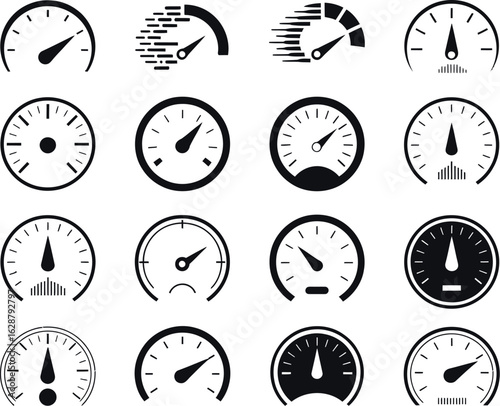 Speedometer Variations: A graphic array of speedometers, showcasing diverse designs to illustrate speed and performance. This collection is ideal for conveying motion in transportation and technology.