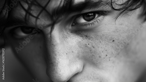 Wallpaper Mural Close-up portrait of a young man with expressive eyes showcasing freckles and tousled hair in black and white Torontodigital.ca