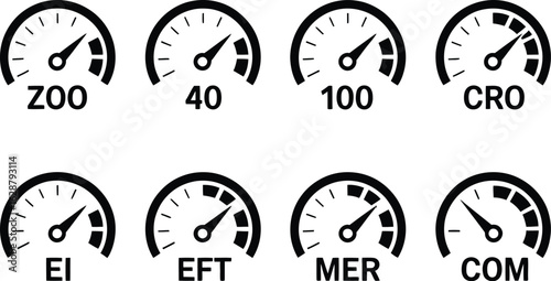 Speedometer Gauges Displaying Numerical Values: A striking collection of speedometer gauges, each meticulously crafted to display a unique combination of numeric values and alphabetic indicators.